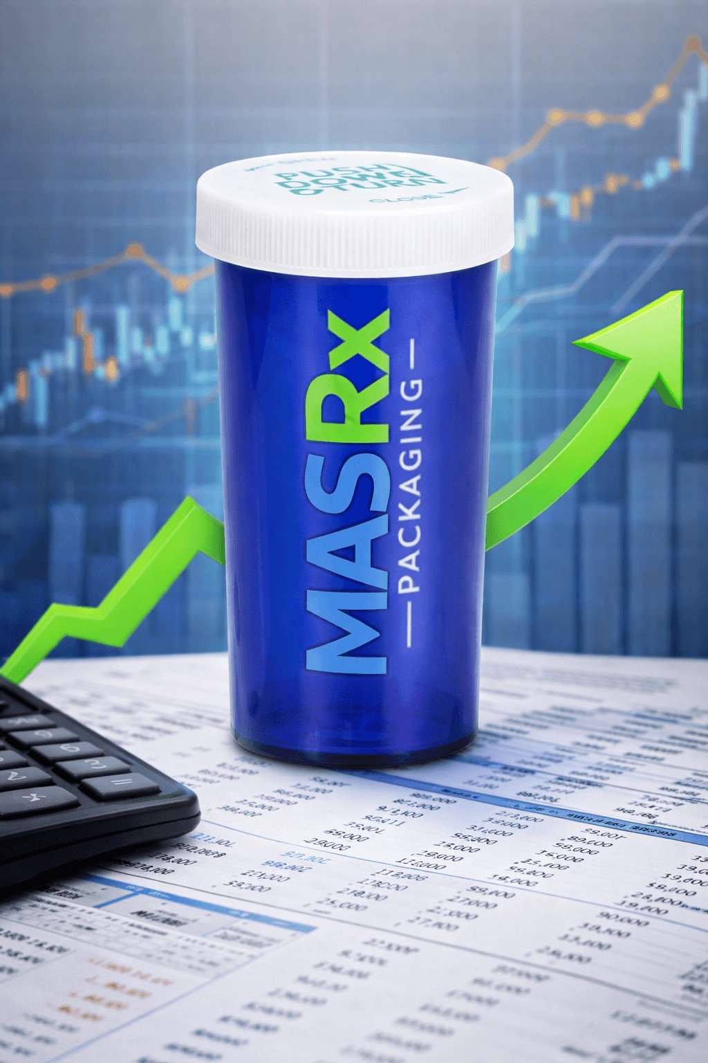 Blue pill bottle with MASRX PACKAGING logo on spreadsheets with a green upward-trending arrow.