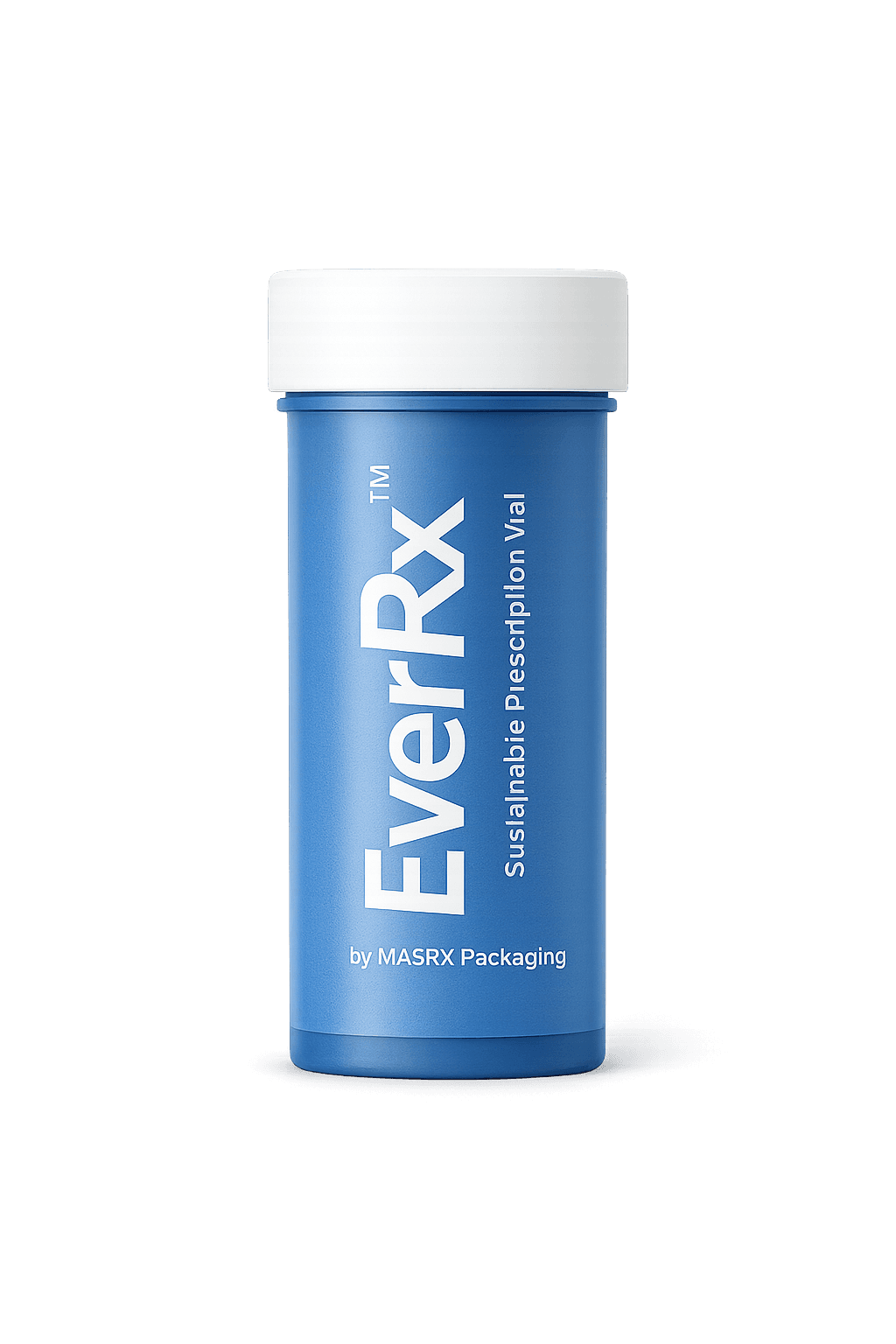 Blue EverRx sustainable prescription vial with a white cap against a solid black background.