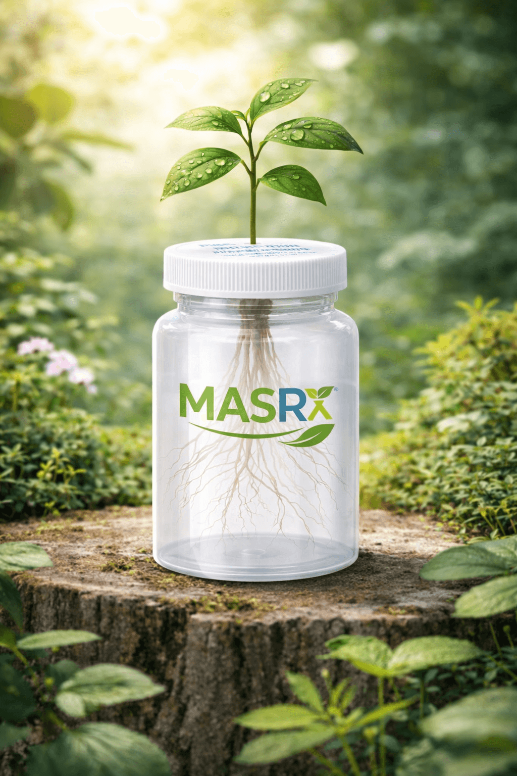 Green plant growing from a MASRX bottle on a tree stump with roots visible inside.
