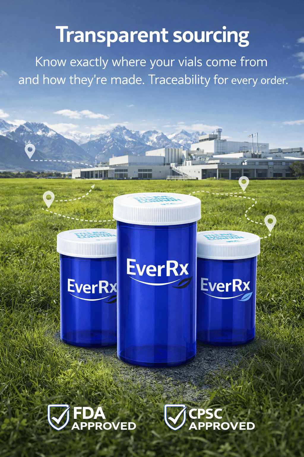 Three blue EverRx vials in a field with a factory and snowy mountains background.